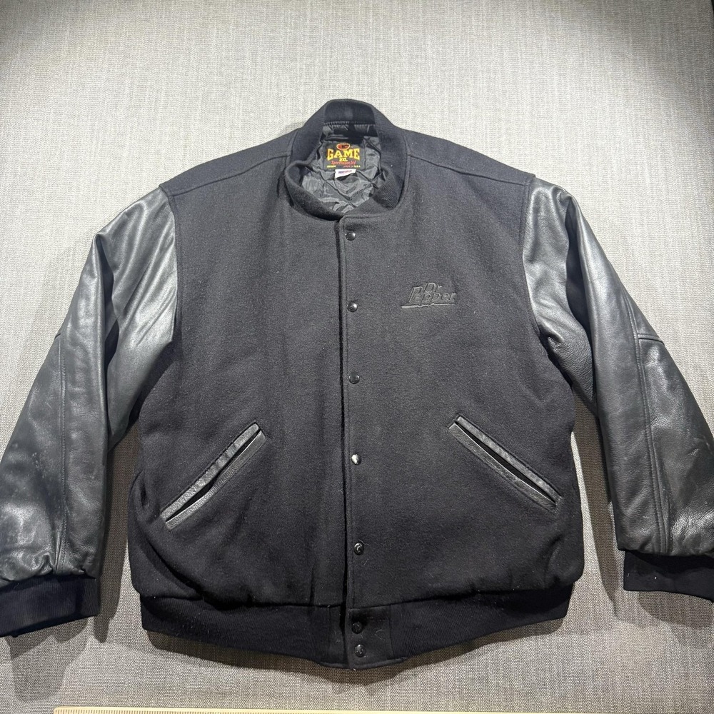 Game Sportswear Jacket Mens 2XL Black Wool Leather Dr Pepper Varsity Made USA